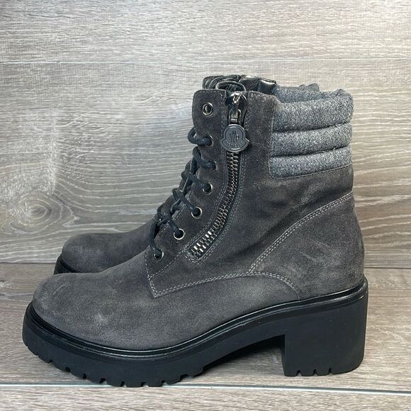 Moncler Viviane Dark Gray Suede Women’s Sz 8/EU 38 Double Zip Heeled Combat Boot - Picture 3 of 13